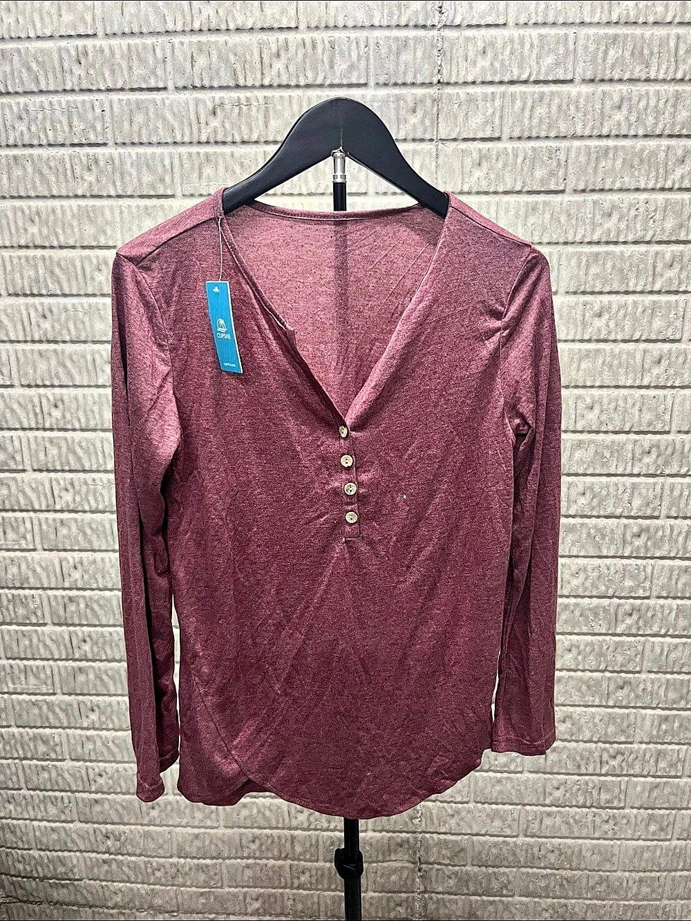 CUPSHE Maroon Long Sleeve Henley Tee in Purple NWT